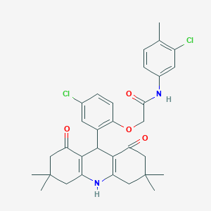 molecular formula C32H34Cl2N2O4 B328129 N-(3-chloro-4-methylphenyl)-2-[4-chloro-2-(3,3,6,6-tetramethyl-1,8-dioxo-1,2,3,4,5,6,7,8,9,10-decahydro-9-acridinyl)phenoxy]acetamide 