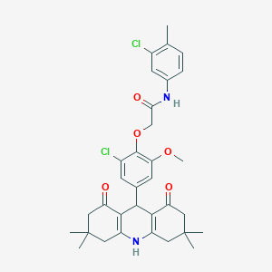 molecular formula C33H36Cl2N2O5 B328132 2-[2-chloro-6-methoxy-4-(3,3,6,6-tetramethyl-1,8-dioxo-1,2,3,4,5,6,7,8,9,10-decahydro-9-acridinyl)phenoxy]-N-(3-chloro-4-methylphenyl)acetamide 