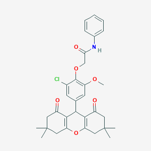 molecular formula C32H34ClNO6 B328139 2-[2-chloro-6-methoxy-4-(3,3,6,6-tetramethyl-1,8-dioxo-2,3,4,5,6,7,8,9-octahydro-1H-xanthen-9-yl)phenoxy]-N-phenylacetamide 