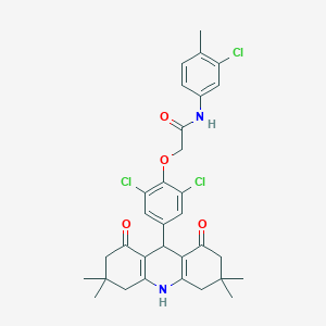 molecular formula C32H33Cl3N2O4 B328149 N-(3-chloro-4-methylphenyl)-2-[2,6-dichloro-4-(3,3,6,6-tetramethyl-1,8-dioxo-1,2,3,4,5,6,7,8,9,10-decahydro-9-acridinyl)phenoxy]acetamide 