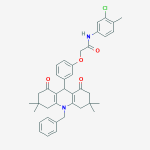 molecular formula C39H41ClN2O4 B328198 2-[3-(10-benzyl-3,3,6,6-tetramethyl-1,8-dioxo-1,2,3,4,5,6,7,8,9,10-decahydro-9-acridinyl)phenoxy]-N-(3-chloro-4-methylphenyl)acetamide 