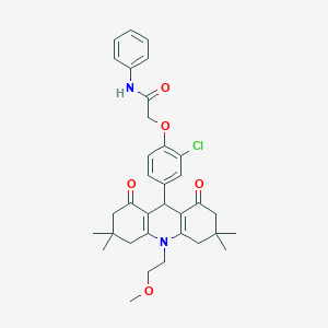 molecular formula C34H39ClN2O5 B328200 2-{2-chloro-4-[10-(2-methoxyethyl)-3,3,6,6-tetramethyl-1,8-dioxo-1,2,3,4,5,6,7,8,9,10-decahydro-9-acridinyl]phenoxy}-N-phenylacetamide 
