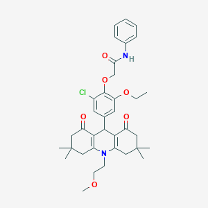 molecular formula C36H43ClN2O6 B328205 2-{2-chloro-6-ethoxy-4-[10-(2-methoxyethyl)-3,3,6,6-tetramethyl-1,8-dioxo-1,2,3,4,5,6,7,8,9,10-decahydro-9-acridinyl]phenoxy}-N-phenylacetamide 