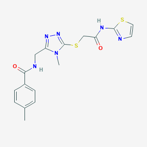 molecular formula C17H18N6O2S2 B328210 4-methyl-N-[(4-methyl-5-{[2-oxo-2-(1,3-thiazol-2-ylamino)ethyl]sulfanyl}-4H-1,2,4-triazol-3-yl)methyl]benzamide 