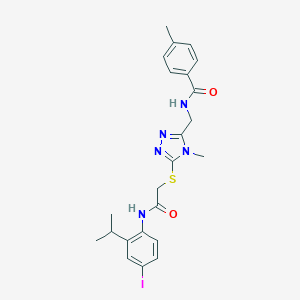 molecular formula C23H26IN5O2S B328213 N-({5-[(2-{[4-iodo-2-(propan-2-yl)phenyl]amino}-2-oxoethyl)sulfanyl]-4-methyl-4H-1,2,4-triazol-3-yl}methyl)-4-methylbenzamide 