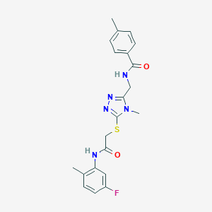 molecular formula C21H22FN5O2S B328214 N-{[5-({2-[(5-fluoro-2-methylphenyl)amino]-2-oxoethyl}sulfanyl)-4-methyl-4H-1,2,4-triazol-3-yl]methyl}-4-methylbenzamide 