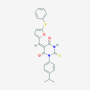 molecular formula C24H20N2O3S2 B328262 (5E)-5-{[5-(phenylsulfanyl)furan-2-yl]methylidene}-1-[4-(propan-2-yl)phenyl]-2-thioxodihydropyrimidine-4,6(1H,5H)-dione 
