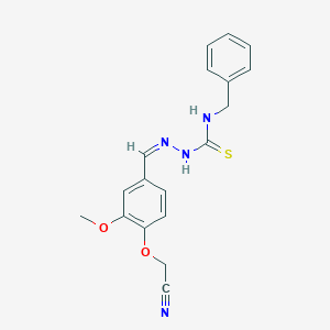 molecular formula C18H18N4O2S B328303 (4-{2-[(Benzylamino)carbothioyl]carbohydrazonoyl}-2-methoxyphenoxy)acetonitrile 