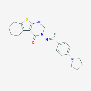molecular formula C21H22N4OS B328314 3-{[4-(1-pyrrolidinyl)benzylidene]amino}-5,6,7,8-tetrahydro[1]benzothieno[2,3-d]pyrimidin-4(3H)-one 