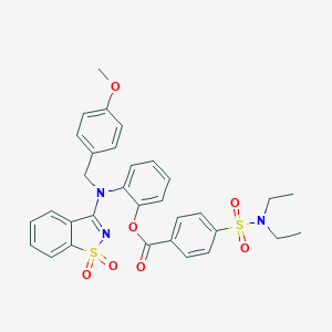 molecular formula C32H31N3O7S2 B328363 2-[(1,1-Dioxido-1,2-benzothiazol-3-yl)(4-methoxybenzyl)amino]phenyl 4-(diethylsulfamoyl)benzoate 