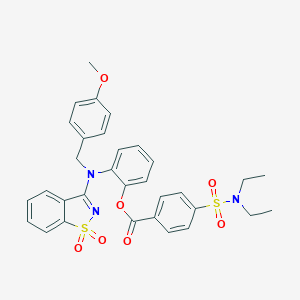 molecular formula C32H31N3O7S2 B328363 2-[(1,1-dioxido-1,2-benzisothiazol-3-yl)(4-methoxybenzyl)amino]phenyl 4-[(diethylamino)sulfonyl]benzoate 