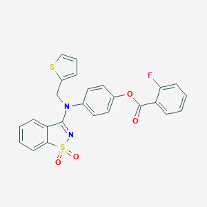 molecular formula C25H17FN2O4S2 B328388 4-[(1,1-Dioxido-1,2-benzisothiazol-3-yl)(2-thienylmethyl)amino]phenyl 2-fluorobenzoate 