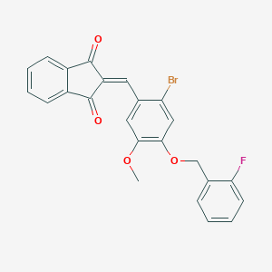 molecular formula C24H16BrFO4 B328417 2-{2-bromo-4-[(2-fluorobenzyl)oxy]-5-methoxybenzylidene}-1H-indene-1,3(2H)-dione 