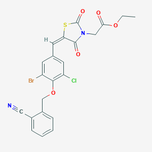 molecular formula C22H16BrClN2O5S B328419 ethyl [(5E)-5-{3-bromo-5-chloro-4-[(2-cyanobenzyl)oxy]benzylidene}-2,4-dioxo-1,3-thiazolidin-3-yl]acetate 