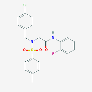 molecular formula C22H20ClFN2O3S B328423 2-{(4-chlorobenzyl)[(4-methylphenyl)sulfonyl]amino}-N-(2-fluorophenyl)acetamide 