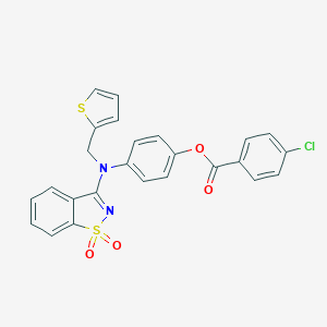 molecular formula C25H17ClN2O4S2 B328425 4-[(1,1-Dioxido-1,2-benzisothiazol-3-yl)(thien-2-ylmethyl)amino]phenyl 4-chlorobenzoate 