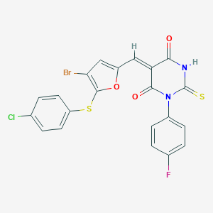molecular formula C21H11BrClFN2O3S2 B328459 (5Z)-5-({4-bromo-5-[(4-chlorophenyl)sulfanyl]furan-2-yl}methylidene)-1-(4-fluorophenyl)-2-thioxodihydropyrimidine-4,6(1H,5H)-dione 