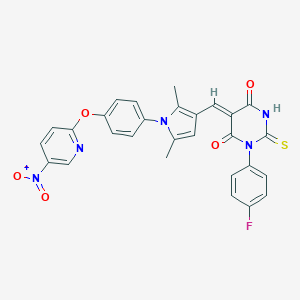 molecular formula C28H20FN5O5S B328460 (5Z)-5-[(2,5-dimethyl-1-{4-[(5-nitropyridin-2-yl)oxy]phenyl}-1H-pyrrol-3-yl)methylidene]-1-(4-fluorophenyl)-2-thioxodihydropyrimidine-4,6(1H,5H)-dione 