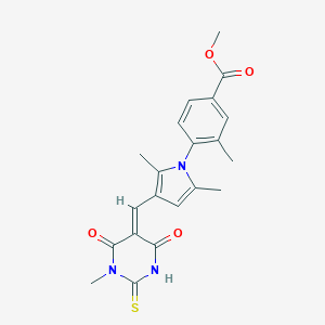 molecular formula C21H21N3O4S B328461 methyl 4-{2,5-dimethyl-3-[(1-methyl-4,6-dioxo-2-thioxotetrahydro-5(2H)-pyrimidinylidene)methyl]-1H-pyrrol-1-yl}-3-methylbenzoate 