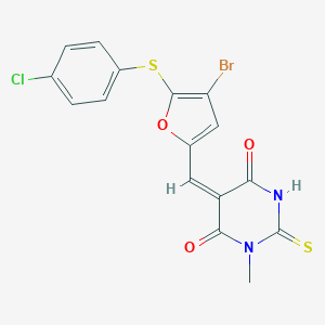(5E)-5-({4-bromo-5-[(4-chlorophenyl)sulfanyl]furan-2-yl}methylidene)-1-methyl-2-thioxodihydropyrimidine-4,6(1H,5H)-dione
