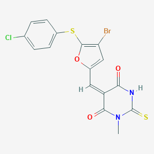 molecular formula C16H10BrClN2O3S2 B328464 (5E)-5-({4-bromo-5-[(4-chlorophenyl)sulfanyl]furan-2-yl}methylidene)-1-methyl-2-thioxodihydropyrimidine-4,6(1H,5H)-dione 