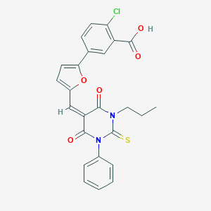 molecular formula C25H19ClN2O5S B328470 2-chloro-5-{5-[(E)-(4,6-dioxo-1-phenyl-3-propyl-2-thioxotetrahydropyrimidin-5(2H)-ylidene)methyl]furan-2-yl}benzoic acid 