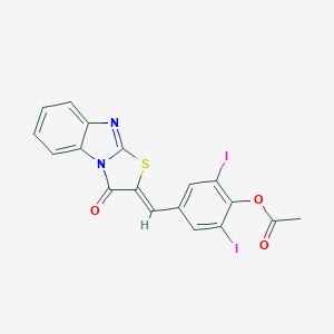 molecular formula C18H10I2N2O3S B328475 2,6-diiodo-4-[(3-oxo[1,3]thiazolo[3,2-a]benzimidazol-2(3H)-ylidene)methyl]phenyl acetate 