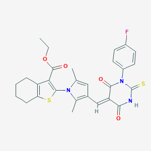 molecular formula C28H26FN3O4S2 B328479 ethyl 2-(3-{(Z)-[1-(4-fluorophenyl)-4,6-dioxo-2-thioxotetrahydropyrimidin-5(2H)-ylidene]methyl}-2,5-dimethyl-1H-pyrrol-1-yl)-4,5,6,7-tetrahydro-1-benzothiophene-3-carboxylate 