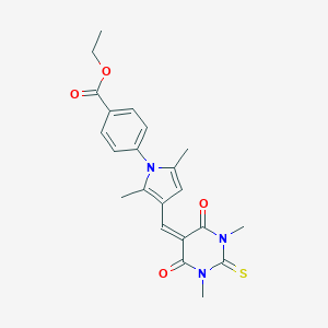 molecular formula C22H23N3O4S B328504 ethyl 4-{3-[(1,3-dimethyl-4,6-dioxo-2-thioxotetrahydro-5(2H)-pyrimidinylidene)methyl]-2,5-dimethyl-1H-pyrrol-1-yl}benzoate 