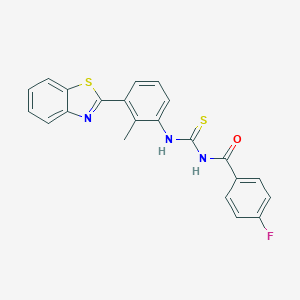 molecular formula C22H16FN3OS2 B328567 N-{[3-(1,3-benzothiazol-2-yl)-2-methylphenyl]carbamothioyl}-4-fluorobenzamide 