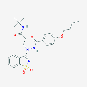 molecular formula C25H32N4O5S B328702 3-[2-(4-butoxybenzoyl)-1-(1,1-dioxido-1,2-benzisothiazol-3-yl)hydrazino]-N-(tert-butyl)propanamide 