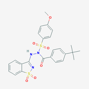 molecular formula C25H25N3O6S2 B328704 4-tert-butyl-N'-(1,1-dioxido-1,2-benzothiazol-3-yl)-N-[(4-methoxyphenyl)sulfonyl]benzohydrazide 