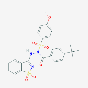 molecular formula C25H25N3O6S2 B328704 N-(4-tert-butylbenzoyl)-N'-(1,1-dioxido-1,2-benzisothiazol-3-yl)-4-methoxybenzenesulfonohydrazide 