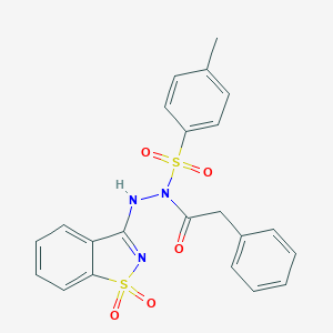 molecular formula C22H19N3O5S2 B328707 N'-(1,1-dioxido-1,2-benzisothiazol-3-yl)-4-methyl-N-(phenylacetyl)benzenesulfonohydrazide 