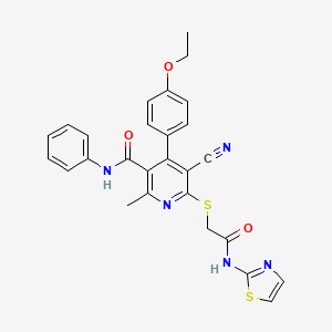 molecular formula C27H23N5O3S2 B3287220 5-cyano-4-(4-ethoxyphenyl)-2-methyl-6-((2-oxo-2-(thiazol-2-ylamino)ethyl)thio)-N-phenylnicotinamide CAS No. 841208-89-7