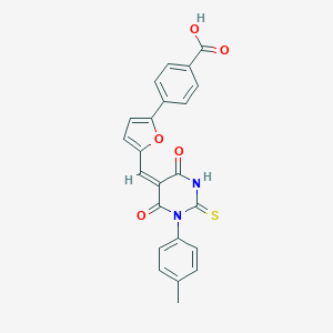 molecular formula C23H16N2O5S B328807 4-{5-[(1-(4-methylphenyl)-4,6-dioxo-2-thioxotetrahydro-5(2H)-pyrimidinylidene)methyl]-2-furyl}benzoic acid 