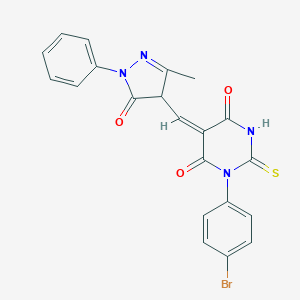 molecular formula C21H15BrN4O3S B328808 1-(4-bromophenyl)-5-[(3-methyl-5-oxo-1-phenyl-4,5-dihydro-1H-pyrazol-4-yl)methylene]-2-thioxodihydro-4,6(1H,5H)-pyrimidinedione 