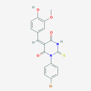 molecular formula C18H13BrN2O4S B328810 (5E)-1-(4-bromophenyl)-5-(4-hydroxy-3-methoxybenzylidene)-2-thioxodihydropyrimidine-4,6(1H,5H)-dione 