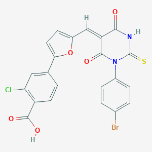 molecular formula C22H12BrClN2O5S B328819 4-{5-[(1-(4-bromophenyl)-4,6-dioxo-2-thioxotetrahydro-5(2H)-pyrimidinylidene)methyl]-2-furyl}-2-chlorobenzoic acid 