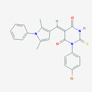 molecular formula C23H18BrN3O2S B328821 1-(4-bromophenyl)-5-[(2,5-dimethyl-1-phenyl-1H-pyrrol-3-yl)methylene]-2-thioxodihydro-4,6(1H,5H)-pyrimidinedione 