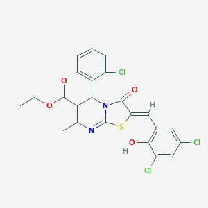 molecular formula C23H17Cl3N2O4S B328834 ethyl 5-(2-chlorophenyl)-2-(3,5-dichloro-2-hydroxybenzylidene)-7-methyl-3-oxo-2,3-dihydro-5H-[1,3]thiazolo[3,2-a]pyrimidine-6-carboxylate 