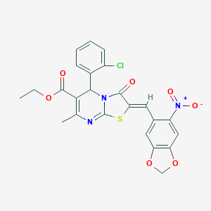 molecular formula C24H18ClN3O7S B328835 ethyl 5-(2-chlorophenyl)-2-({6-nitro-1,3-benzodioxol-5-yl}methylene)-7-methyl-3-oxo-2,3-dihydro-5H-[1,3]thiazolo[3,2-a]pyrimidine-6-carboxylate 