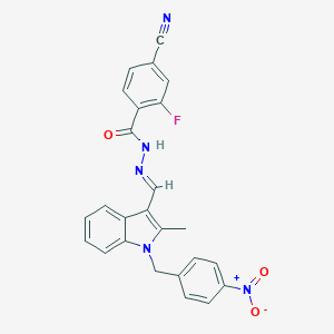molecular formula C25H18FN5O3 B328869 4-cyano-2-fluoro-N'-{(E)-[2-methyl-1-(4-nitrobenzyl)-1H-indol-3-yl]methylidene}benzohydrazide 