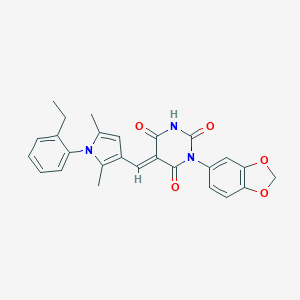 molecular formula C26H23N3O5 B328877 1-(1,3-benzodioxol-5-yl)-5-{[1-(2-ethylphenyl)-2,5-dimethyl-1H-pyrrol-3-yl]methylene}-2,4,6(1H,3H,5H)-pyrimidinetrione 
