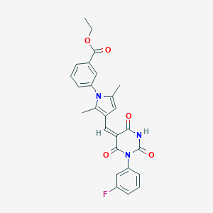 molecular formula C26H22FN3O5 B328880 ethyl 3-(3-{(E)-[1-(3-fluorophenyl)-2,4,6-trioxotetrahydropyrimidin-5(2H)-ylidene]methyl}-2,5-dimethyl-1H-pyrrol-1-yl)benzoate 