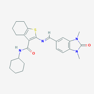 molecular formula C25H30N4O2S B328955 N-cyclohexyl-2-{[(1,3-dimethyl-2-oxo-2,3-dihydro-1H-benzimidazol-5-yl)methylene]amino}-4,5,6,7-tetrahydro-1-benzothiophene-3-carboxamide 