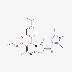 molecular formula C27H31N3O3S B328957 ethyl 5-(4-isopropylphenyl)-7-methyl-3-oxo-2-[(1,2,5-trimethyl-1H-pyrrol-3-yl)methylene]-2,3-dihydro-5H-[1,3]thiazolo[3,2-a]pyrimidine-6-carboxylate 