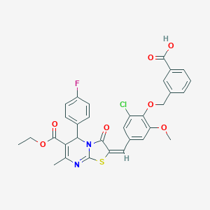 molecular formula C32H26ClFN2O7S B328961 3-({2-chloro-4-[(6-(ethoxycarbonyl)-5-(4-fluorophenyl)-7-methyl-3-oxo-5H-[1,3]thiazolo[3,2-a]pyrimidin-2(3H)-ylidene)methyl]-6-methoxyphenoxy}methyl)benzoic acid 