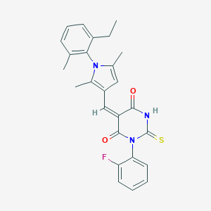 (5E)-5-{[1-(2-ETHYL-6-METHYLPHENYL)-2,5-DIMETHYL-1H-PYRROL-3-YL]METHYLIDENE}-1-(2-FLUOROPHENYL)-2-SULFANYLIDENE-1,3-DIAZINANE-4,6-DIONE