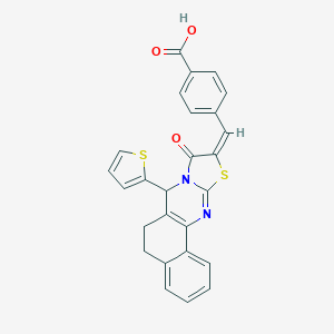 molecular formula C26H18N2O3S2 B329010 4-[(E)-(13-oxo-11-thiophen-2-yl-15-thia-12,17-diazatetracyclo[8.7.0.02,7.012,16]heptadeca-1(10),2,4,6,16-pentaen-14-ylidene)methyl]benzoic acid 